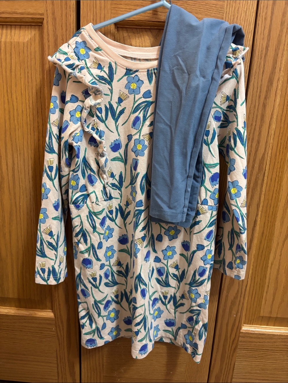 Girls Floral Blue Long Sleeve Dress & Leggings